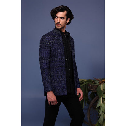 KALPRAAG Navy Blue Silk Embroidered Kurta with Jacket and Trouser