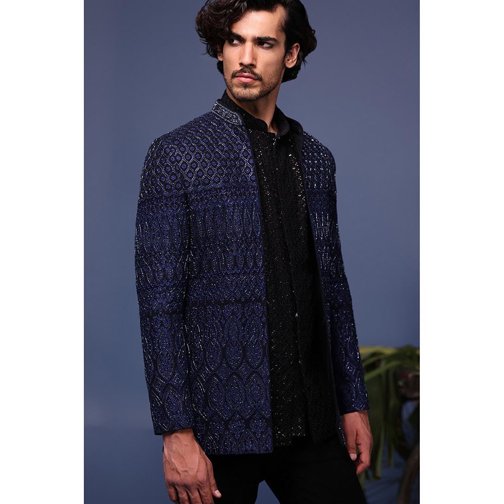 KALPRAAG Navy Blue Silk Embroidered Kurta with Jacket and Trouser