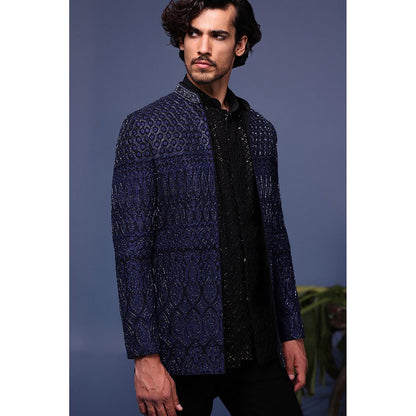KALPRAAG Navy Blue Silk Embroidered Kurta with Jacket and Trouser