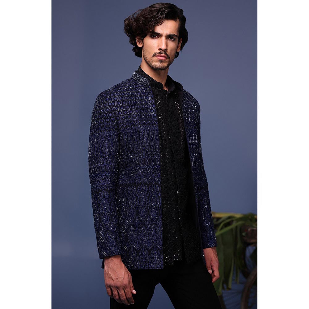 KALPRAAG Navy Blue Silk Embroidered Kurta with Jacket and Trouser