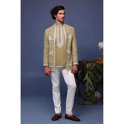 KALPRAAG Green Viscose Embroidered Kurta with Jacket and Trouser