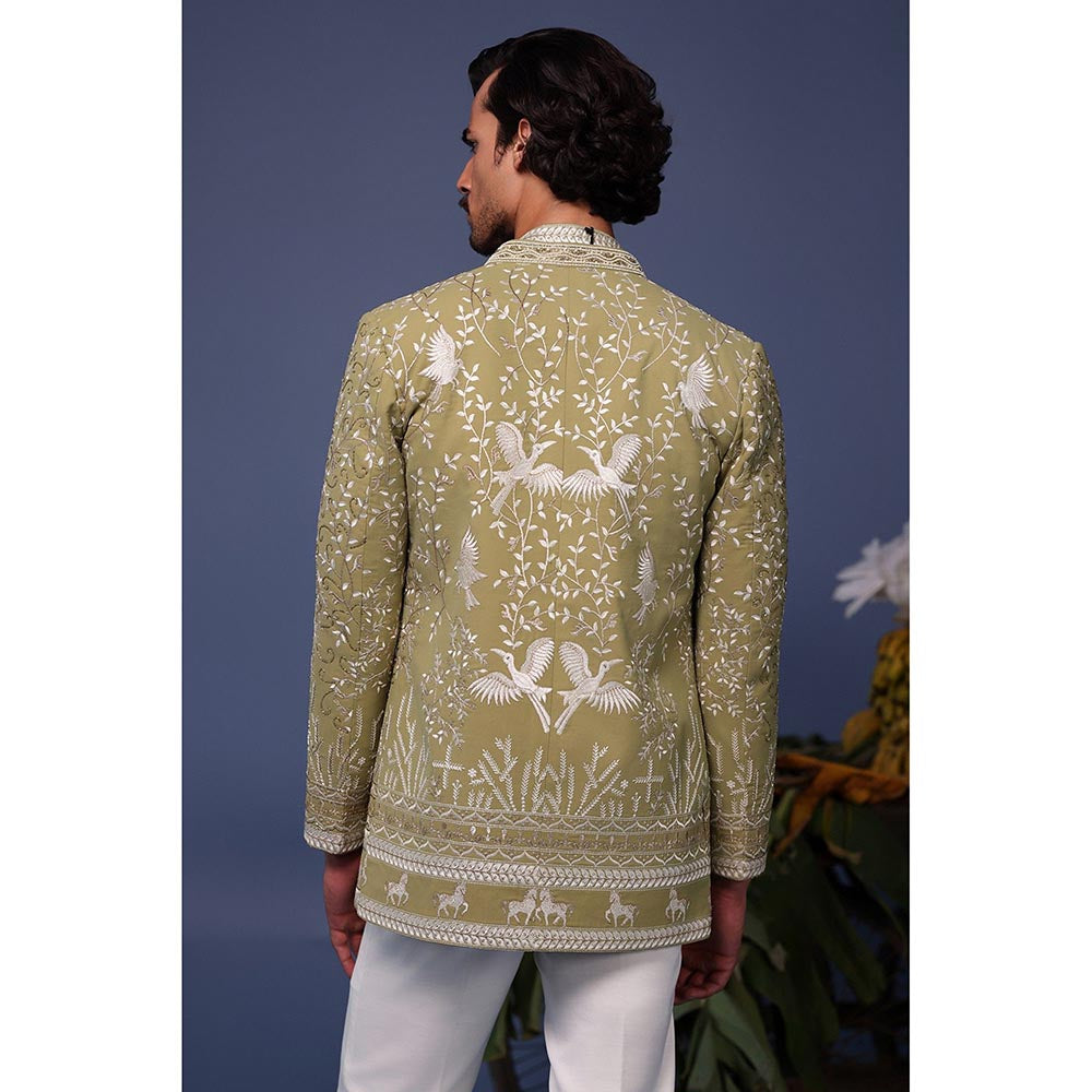 KALPRAAG Green Viscose Embroidered Kurta with Jacket and Trouser