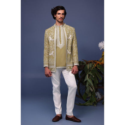 KALPRAAG Green Viscose Embroidered Kurta with Jacket and Trouser