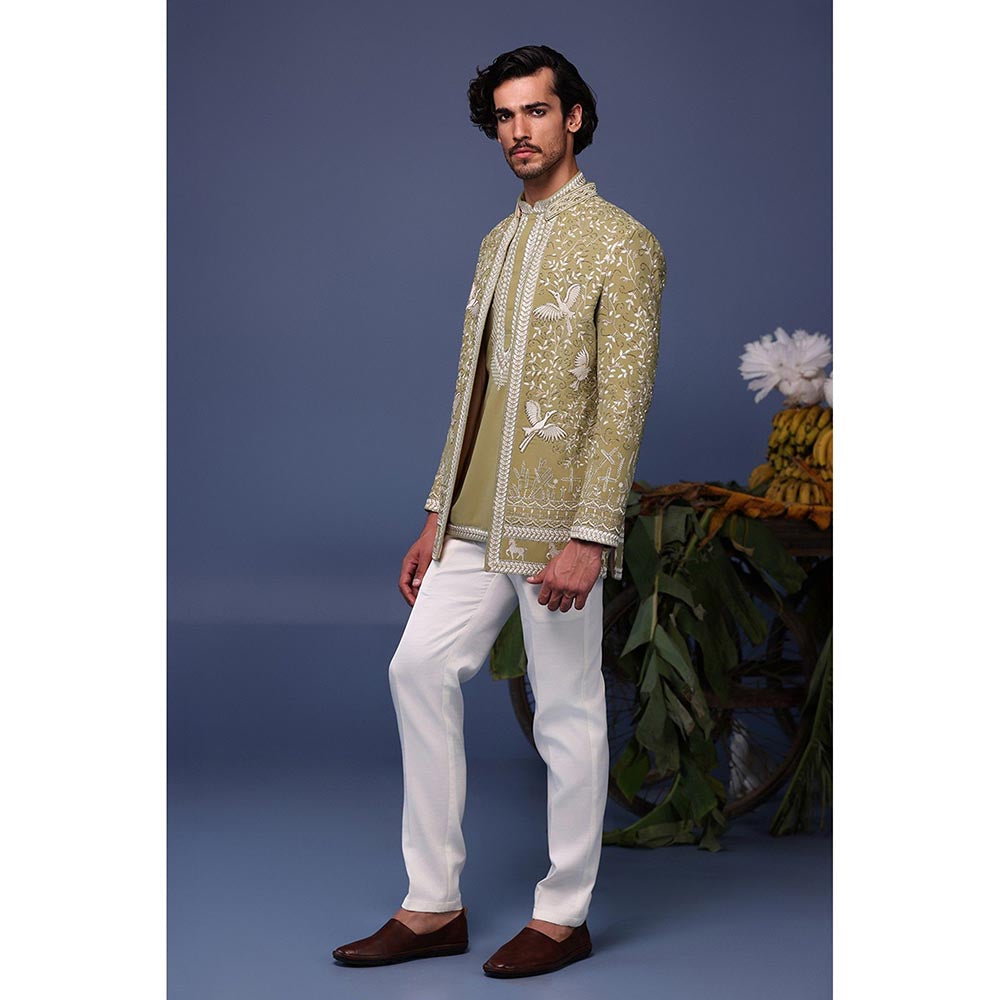 KALPRAAG Green Viscose Embroidered Kurta with Jacket and Trouser