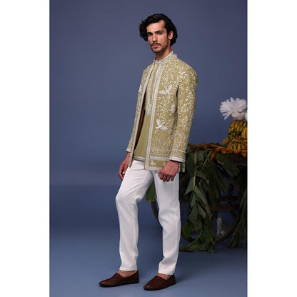 KALPRAAG Green Viscose Embroidered Kurta with Jacket and Trouser
