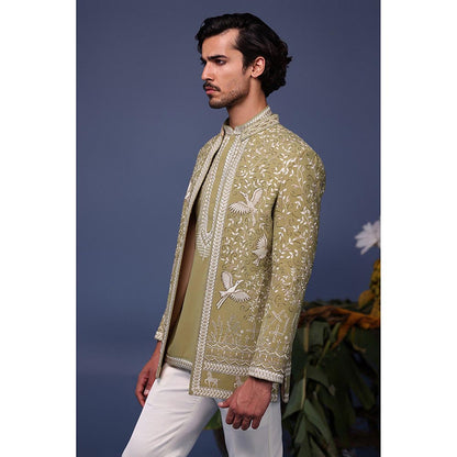 KALPRAAG Green Viscose Embroidered Kurta with Jacket and Trouser