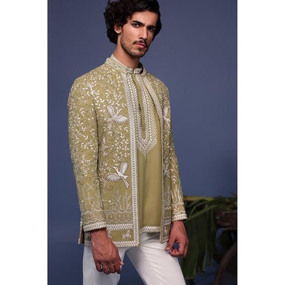 KALPRAAG Green Viscose Embroidered Kurta with Jacket and Trouser