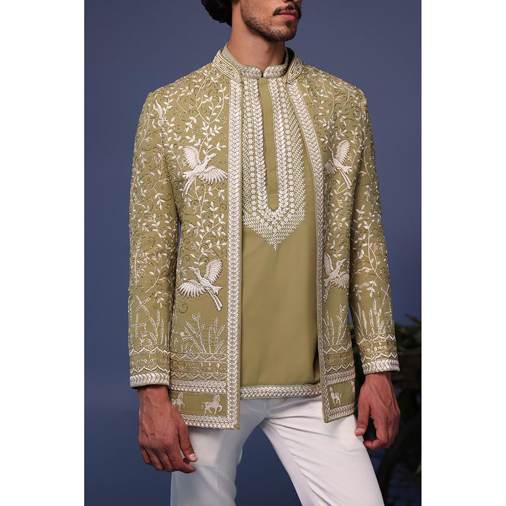 KALPRAAG Green Viscose Embroidered Kurta with Jacket and Trouser