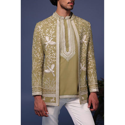 KALPRAAG Green Viscose Embroidered Kurta with Jacket and Trouser