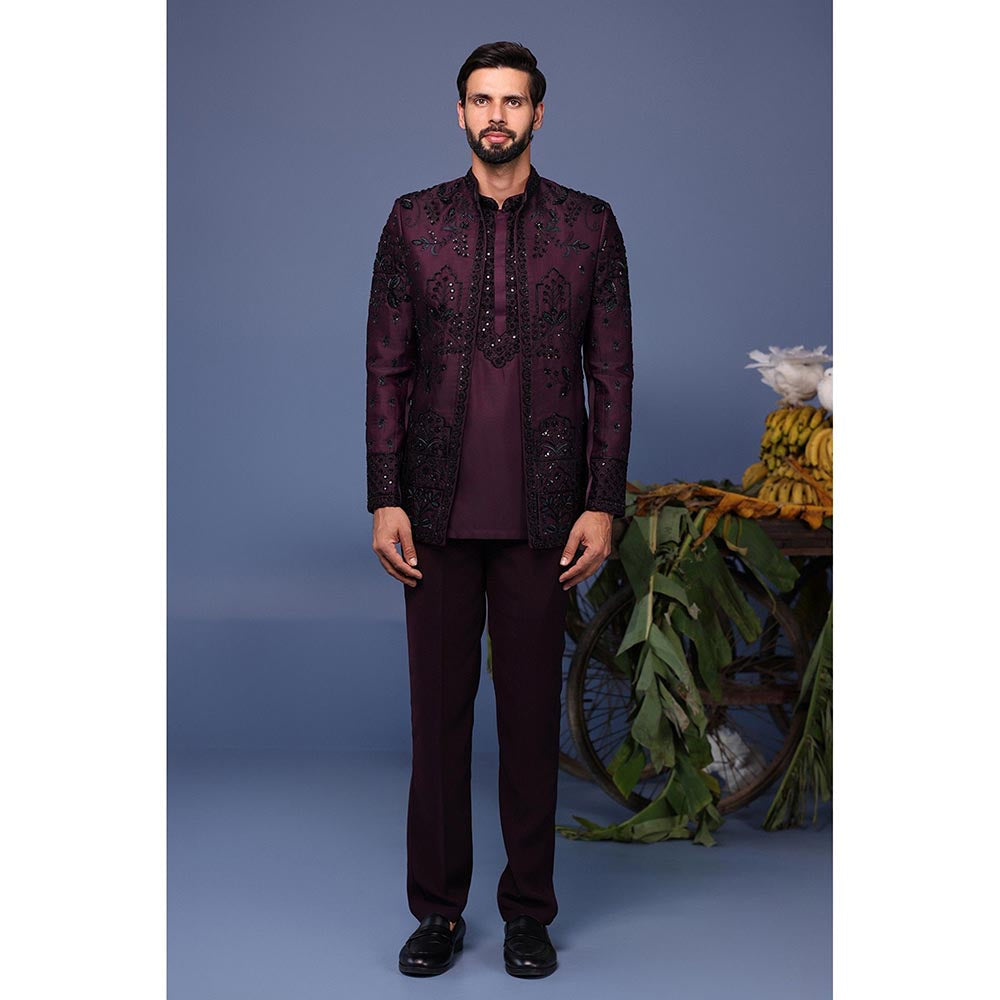 KALPRAAG Wine Silk Embroidered Kurta with Jacket and Trouser