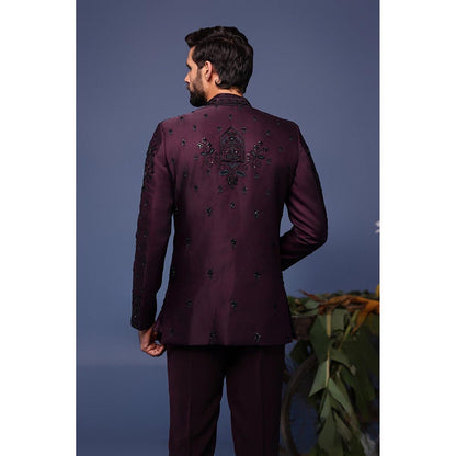 KALPRAAG Wine Silk Embroidered Kurta with Jacket and Trouser