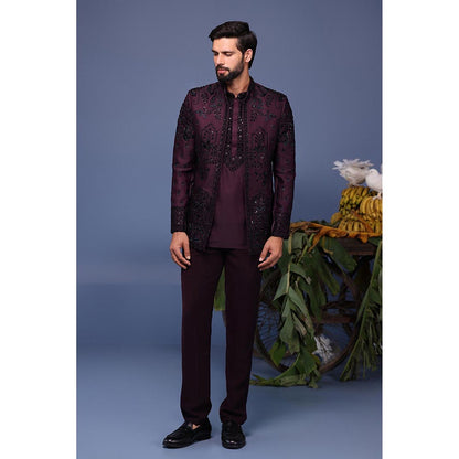 KALPRAAG Wine Silk Embroidered Kurta with Jacket and Trouser