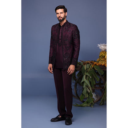 KALPRAAG Wine Silk Embroidered Kurta with Jacket and Trouser