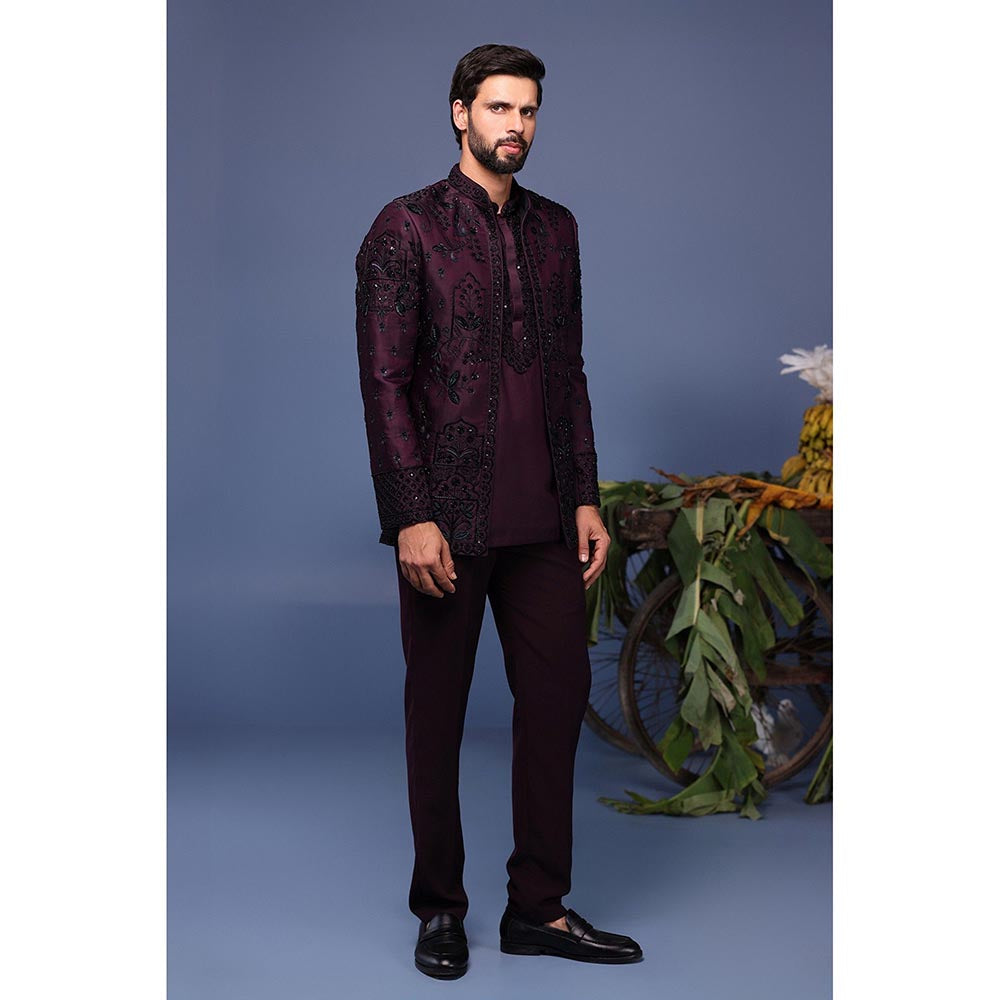 KALPRAAG Wine Silk Embroidered Kurta with Jacket and Trouser