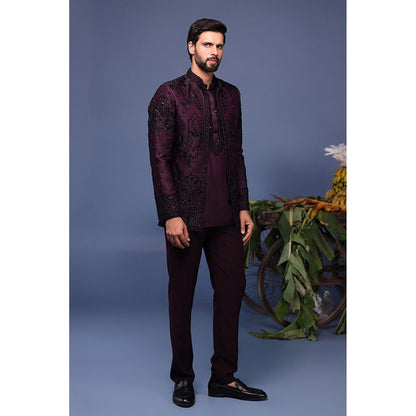 KALPRAAG Wine Silk Embroidered Kurta with Jacket and Trouser