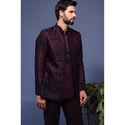 KALPRAAG Wine Silk Embroidered Kurta with Jacket and Trouser