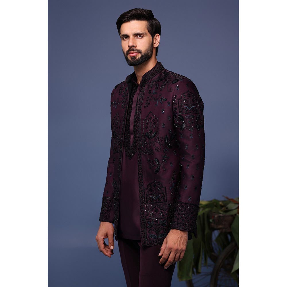 KALPRAAG Wine Silk Embroidered Kurta with Jacket and Trouser