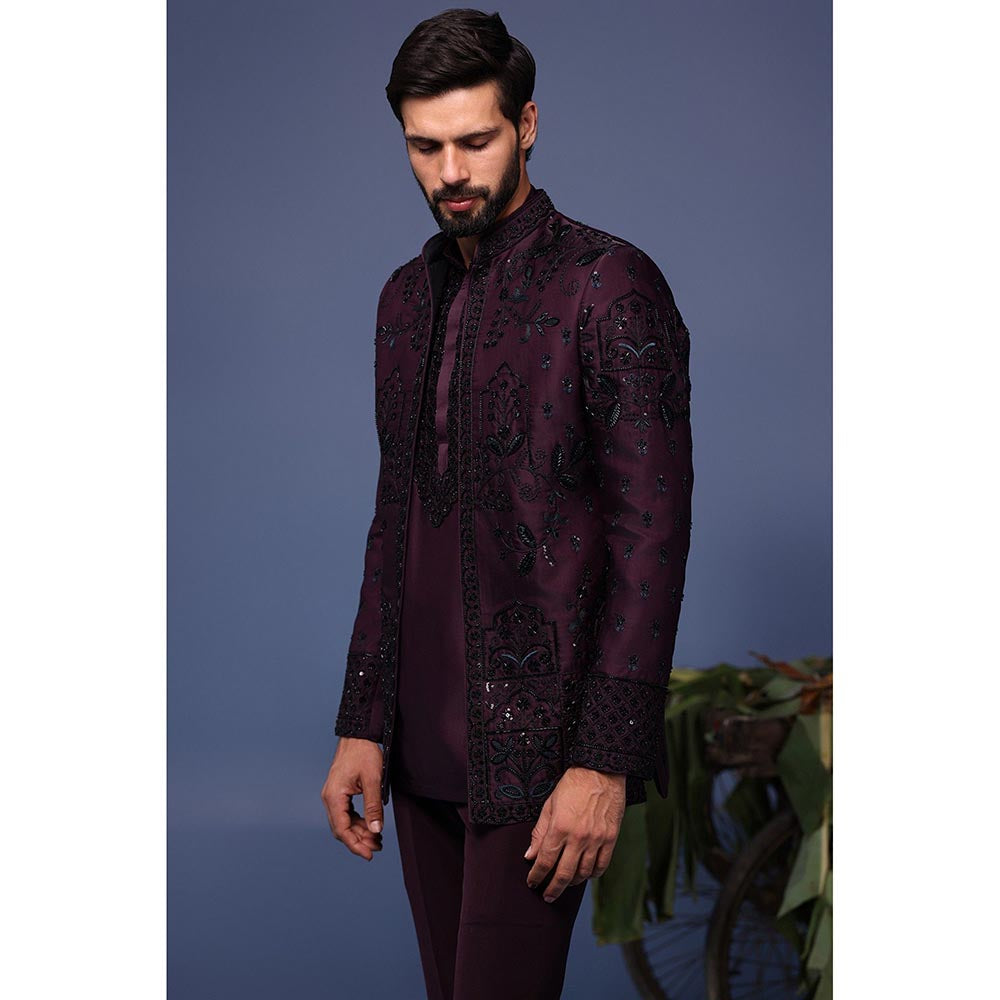 KALPRAAG Wine Silk Embroidered Kurta with Jacket and Trouser