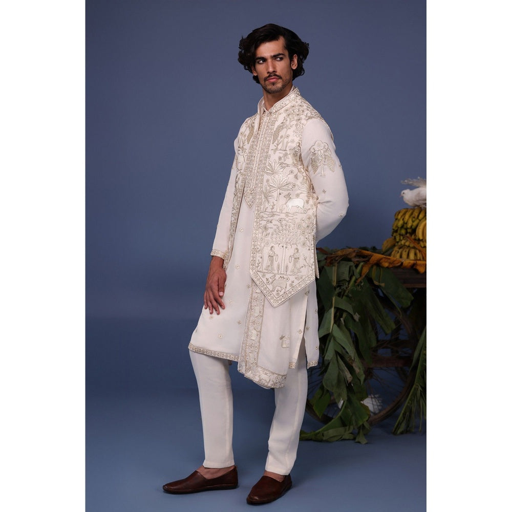 KALPRAAG Ivory Viscose Embroidered Kurta Jacket Set