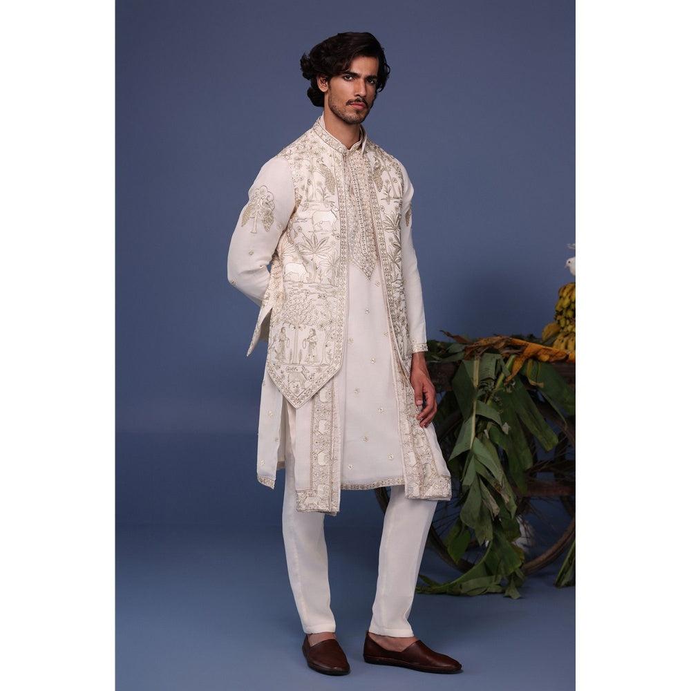 KALPRAAG Ivory Viscose Embroidered Kurta Jacket Set
