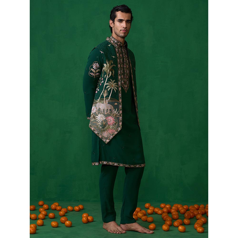 KALPRAAG Forest Bottel Green Kurta with Jacket and Pant