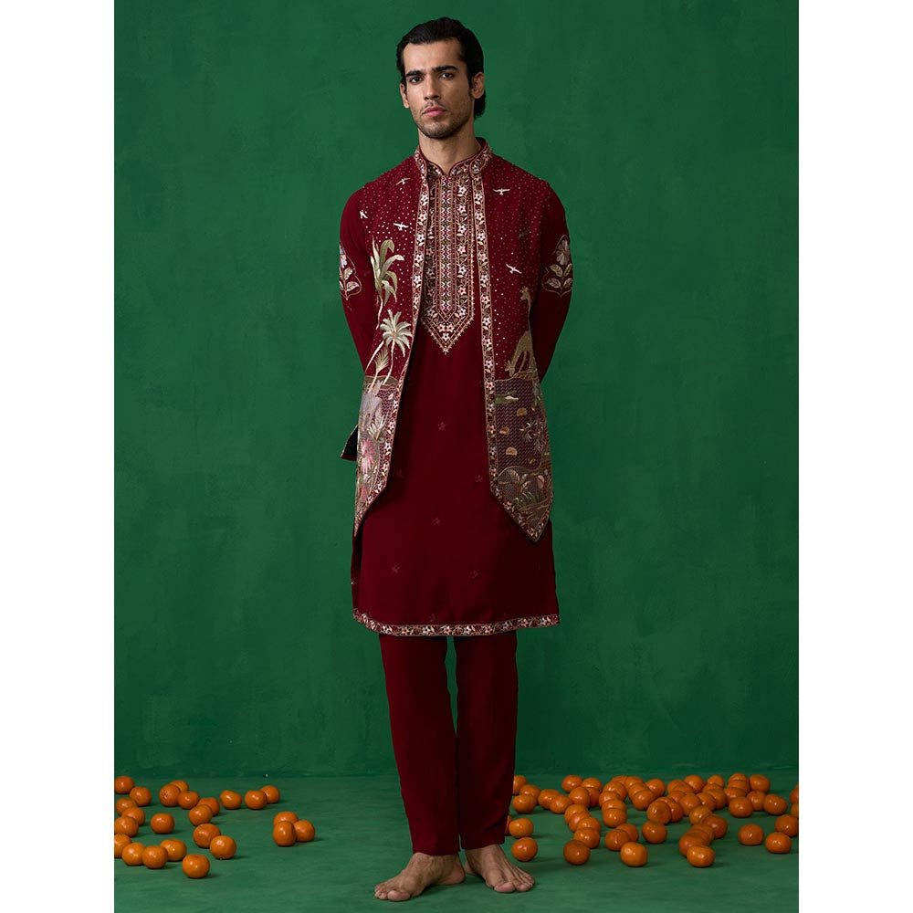 KALPRAAG Forest Maroon Kurta with Jacket and Pant