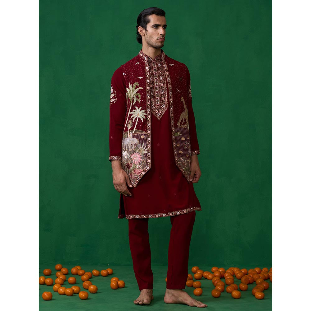 KALPRAAG Forest Maroon Kurta with Jacket and Pant