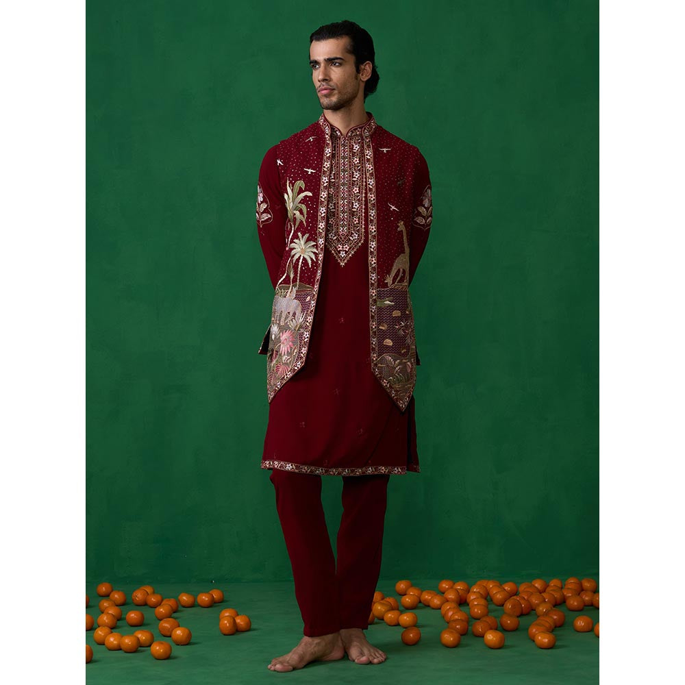 KALPRAAG Forest Maroon Kurta with Jacket and Pant