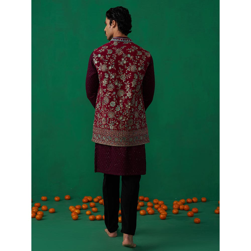 KALPRAAG Gulab Wine Kurta with Jacket and Pant