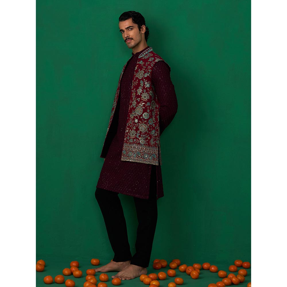 KALPRAAG Gulab Wine Kurta with Jacket and Pant