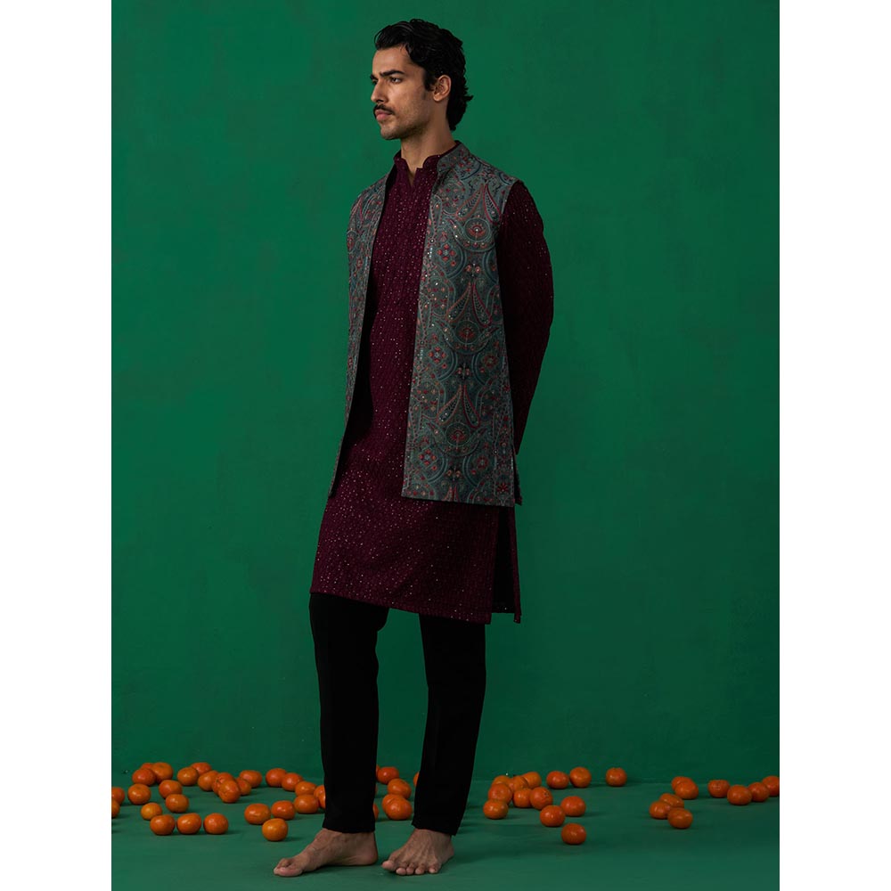KALPRAAG Kashmiri Mehndi Kurta with Jacket and Pant