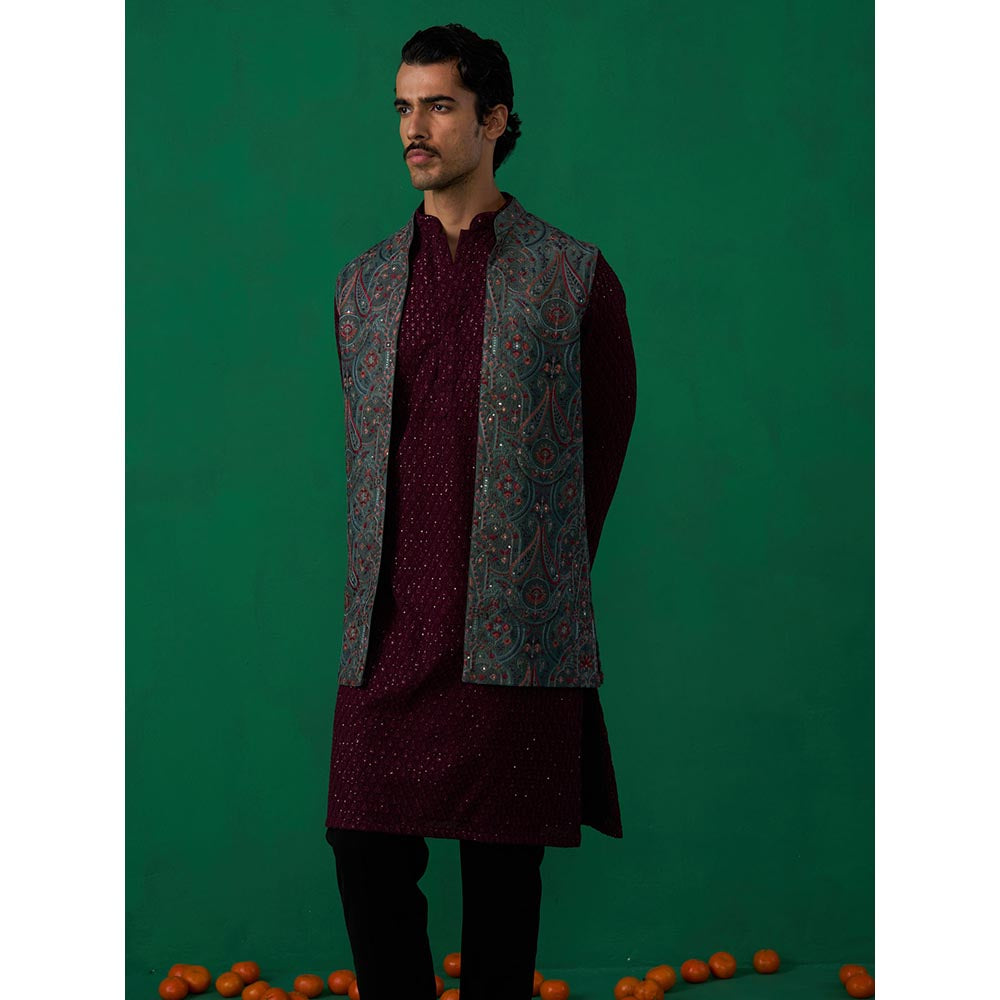 KALPRAAG Kashmiri Mehndi Kurta with Jacket and Pant