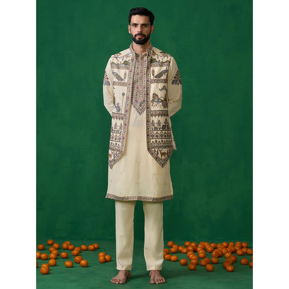 KALPRAAG Ramayan Cream Kurta with Jacket and Pant