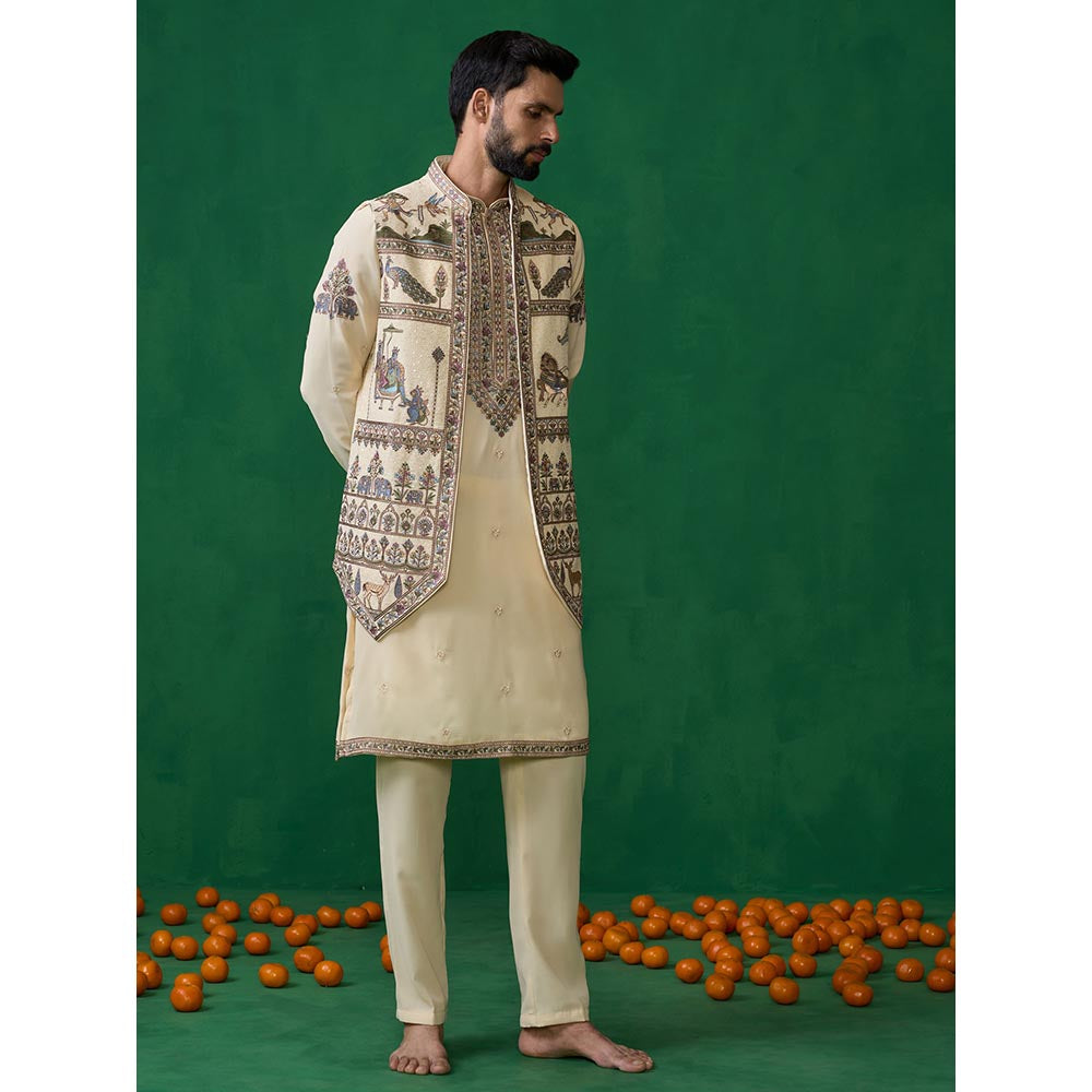 KALPRAAG Ramayan Cream Kurta with Jacket and Pant