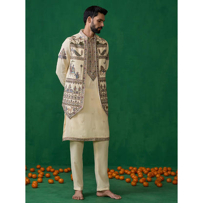 KALPRAAG Ramayan Cream Kurta with Jacket and Pant