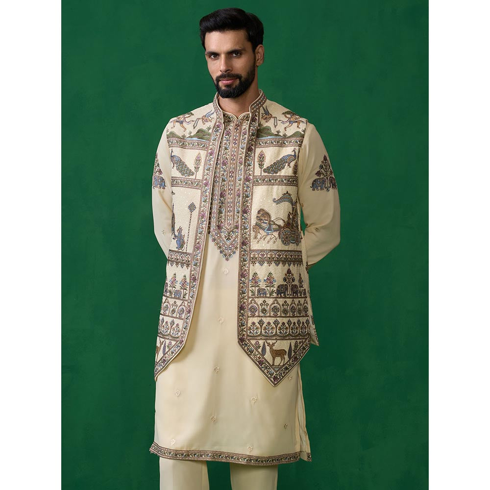 KALPRAAG Ramayan Cream Kurta with Jacket and Pant