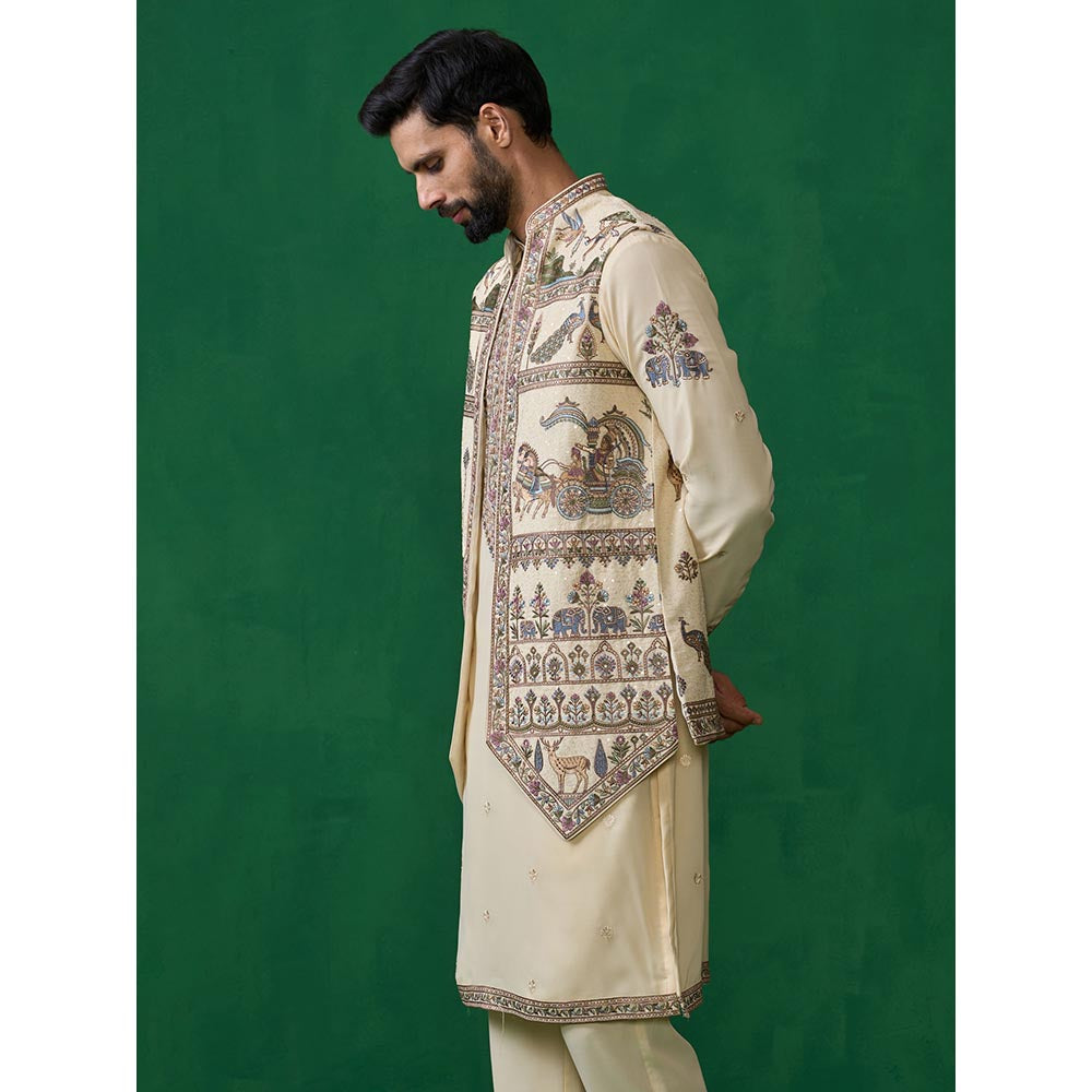 KALPRAAG Ramayan Cream Kurta with Jacket and Pant