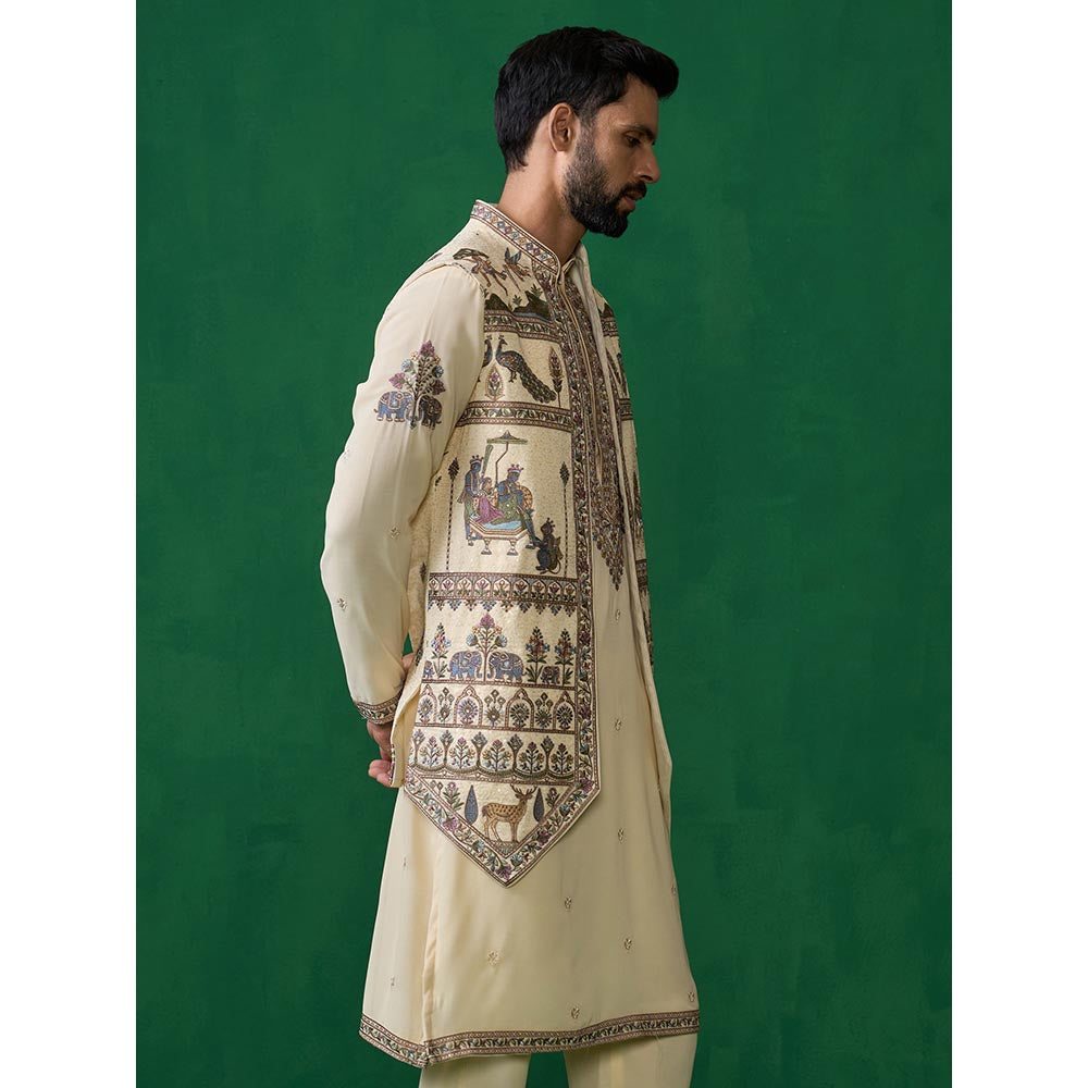 KALPRAAG Ramayan Cream Kurta with Jacket and Pant