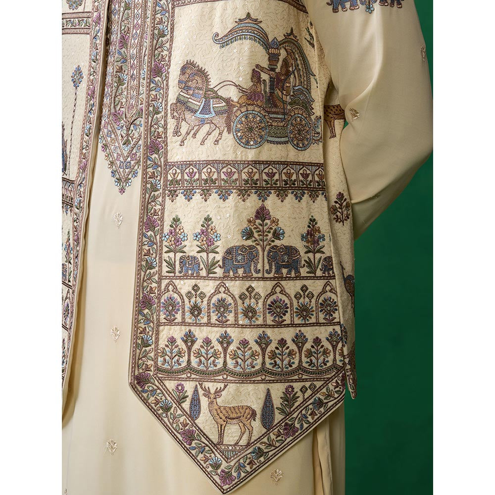 KALPRAAG Ramayan Cream Kurta with Jacket and Pant