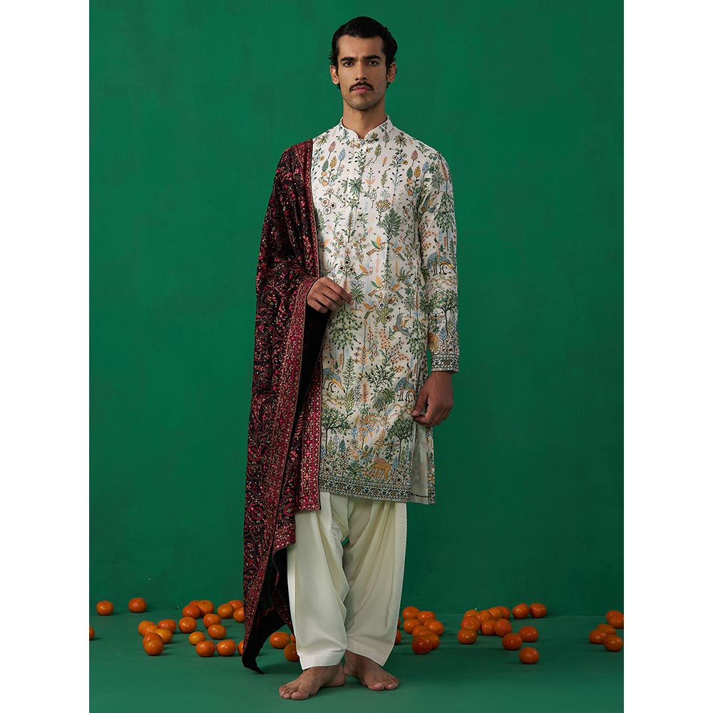 KALPRAAG Bird Ivory Kurta with Patiyala and Dupatta
