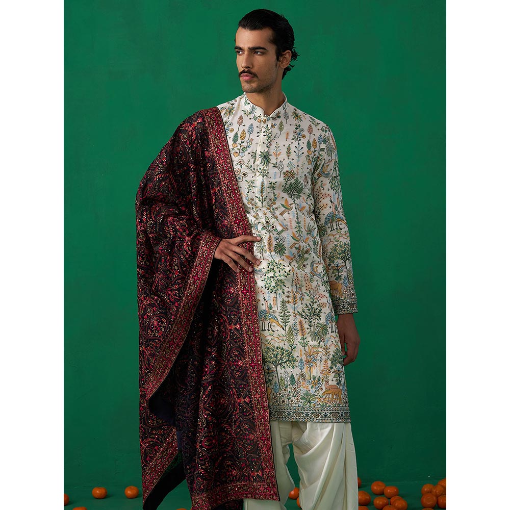 KALPRAAG Bird Ivory Kurta with Patiyala and Dupatta