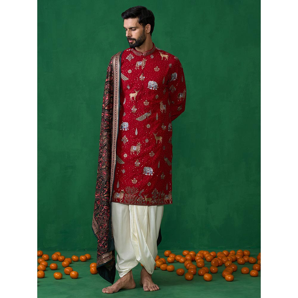KALPRAAG Pichwai Red Dhoti with Kurta and Pant