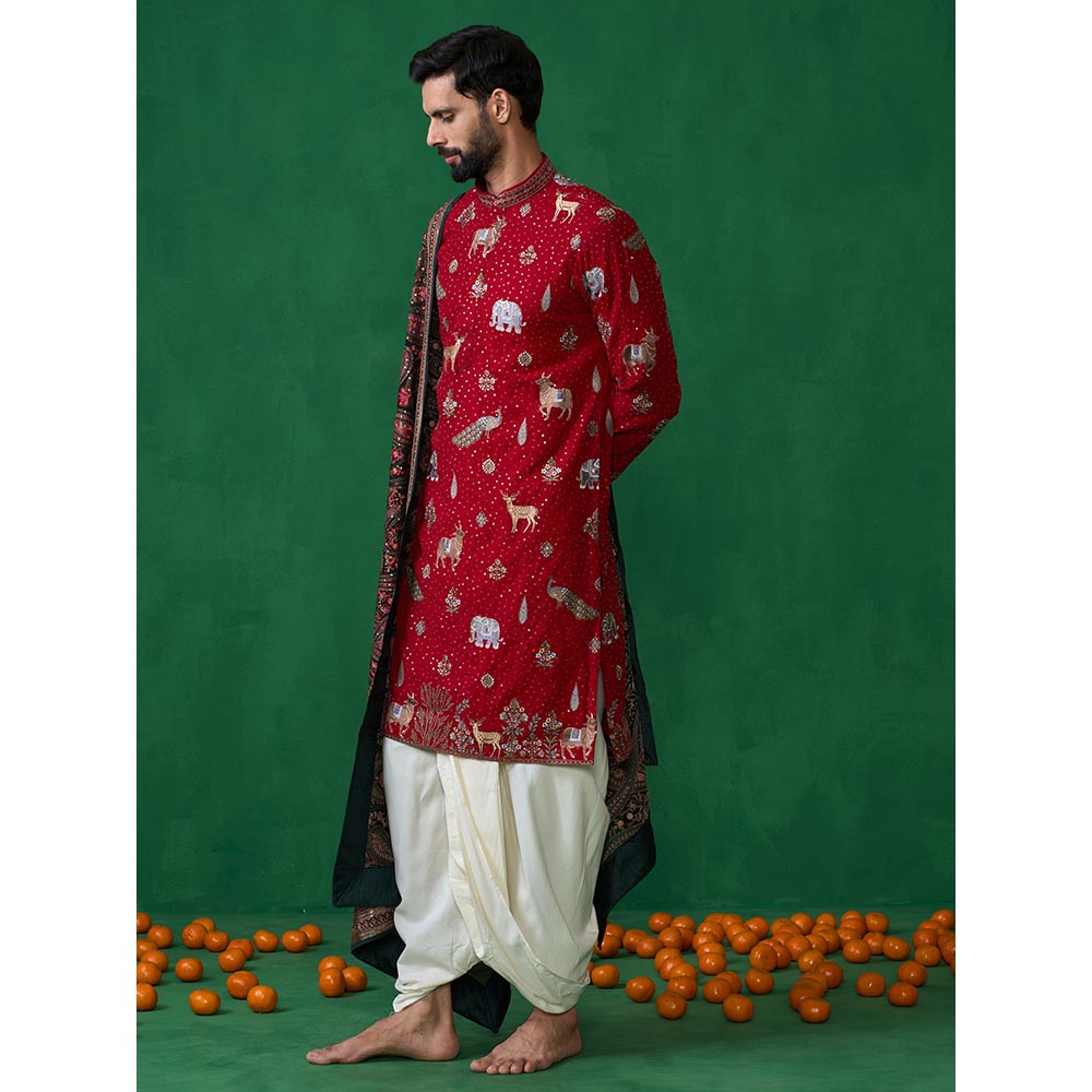 KALPRAAG Pichwai Red Dhoti with Kurta and Pant