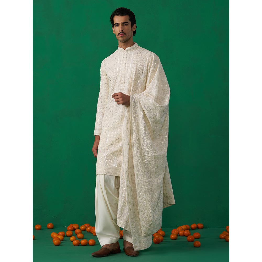 KALPRAAG Sultan Ivory Kurta with Patiyala and Dupatta