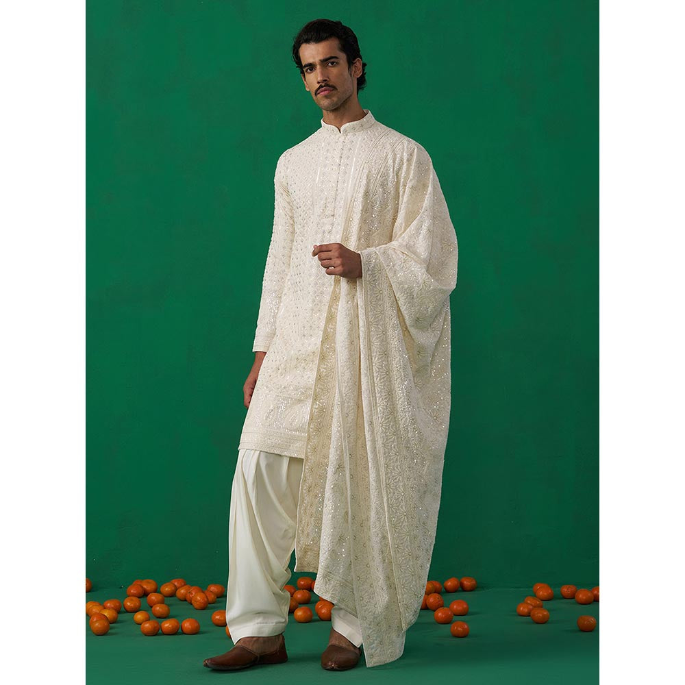 KALPRAAG Sultan Ivory Kurta with Patiyala and Dupatta