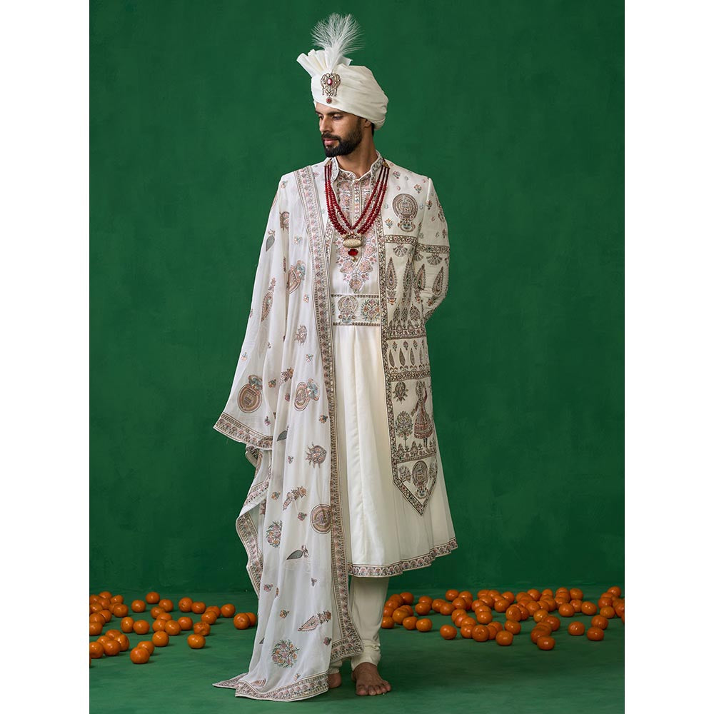 KALPRAAG Kathakali Ivory Sherwani with Anarkali with Churidar, Dupatta and Belt, Safa Fabric