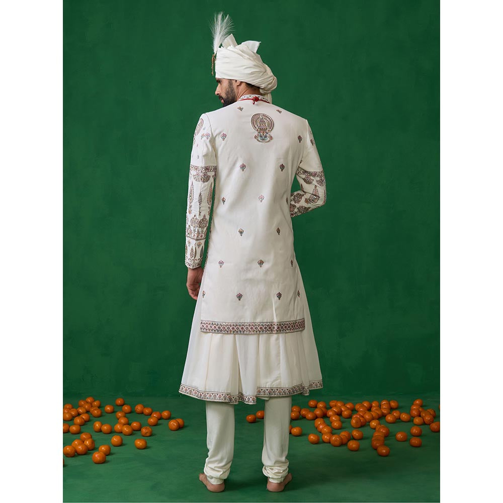 KALPRAAG Kathakali Ivory Sherwani with Anarkali with Churidar, Dupatta and Belt, Safa Fabric