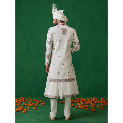 KALPRAAG Kathakali Ivory Sherwani with Anarkali with Churidar, Dupatta and Belt, Safa Fabric