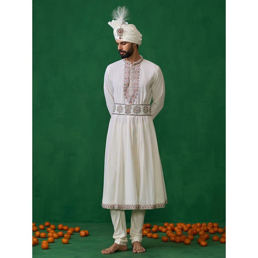 KALPRAAG Kathakali Ivory Sherwani with Anarkali with Churidar, Dupatta and Belt, Safa Fabric
