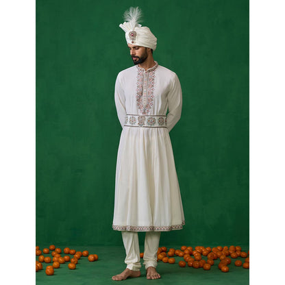 KALPRAAG Kathakali Ivory Sherwani with Anarkali with Churidar, Dupatta and Belt, Safa Fabric